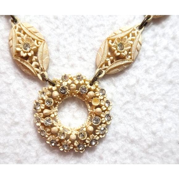 Antique 20s 30s Carved Celluloid Cream Necklace Rhinestones Carved Ornate Lacy - Picture 2 of 7